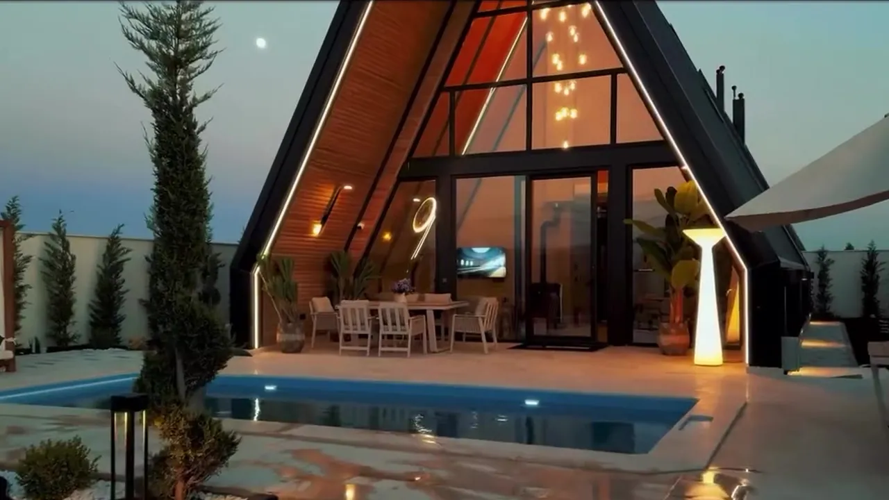 Kızılkaya İnşaat termal tatil köyü tanıtım filminden kare — gece aydınlatılmış üçgen bungalov ve havuz